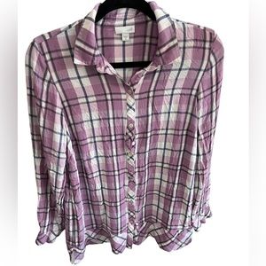 J Jill Lavender White Plaid Ling Sleeve Button up Shirt Size Medium